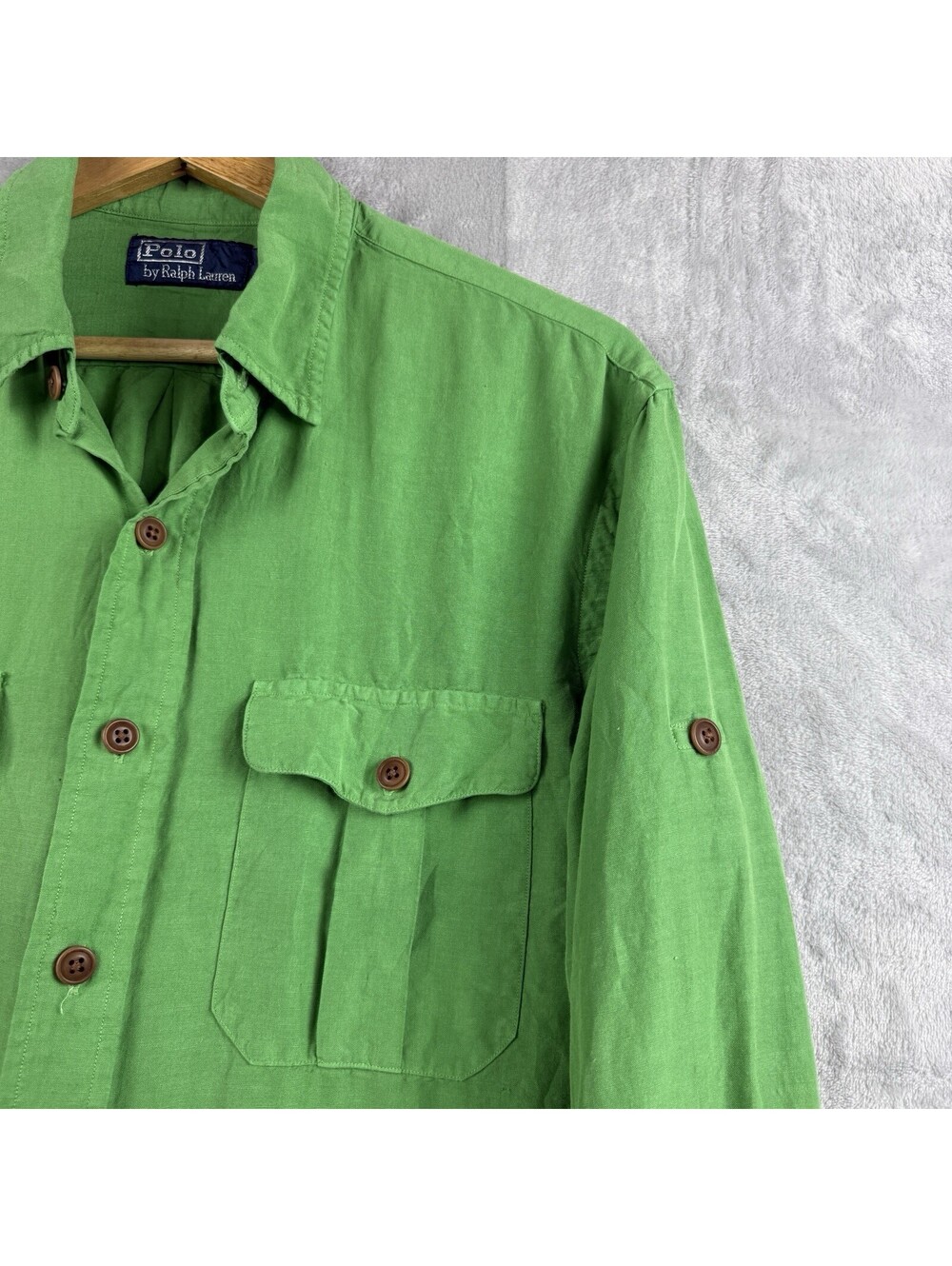 Polo Ralph Lauren Button Up Shirt Size M Green Silk Linen Roll Up Luxury Causal - Picture 12 of 12